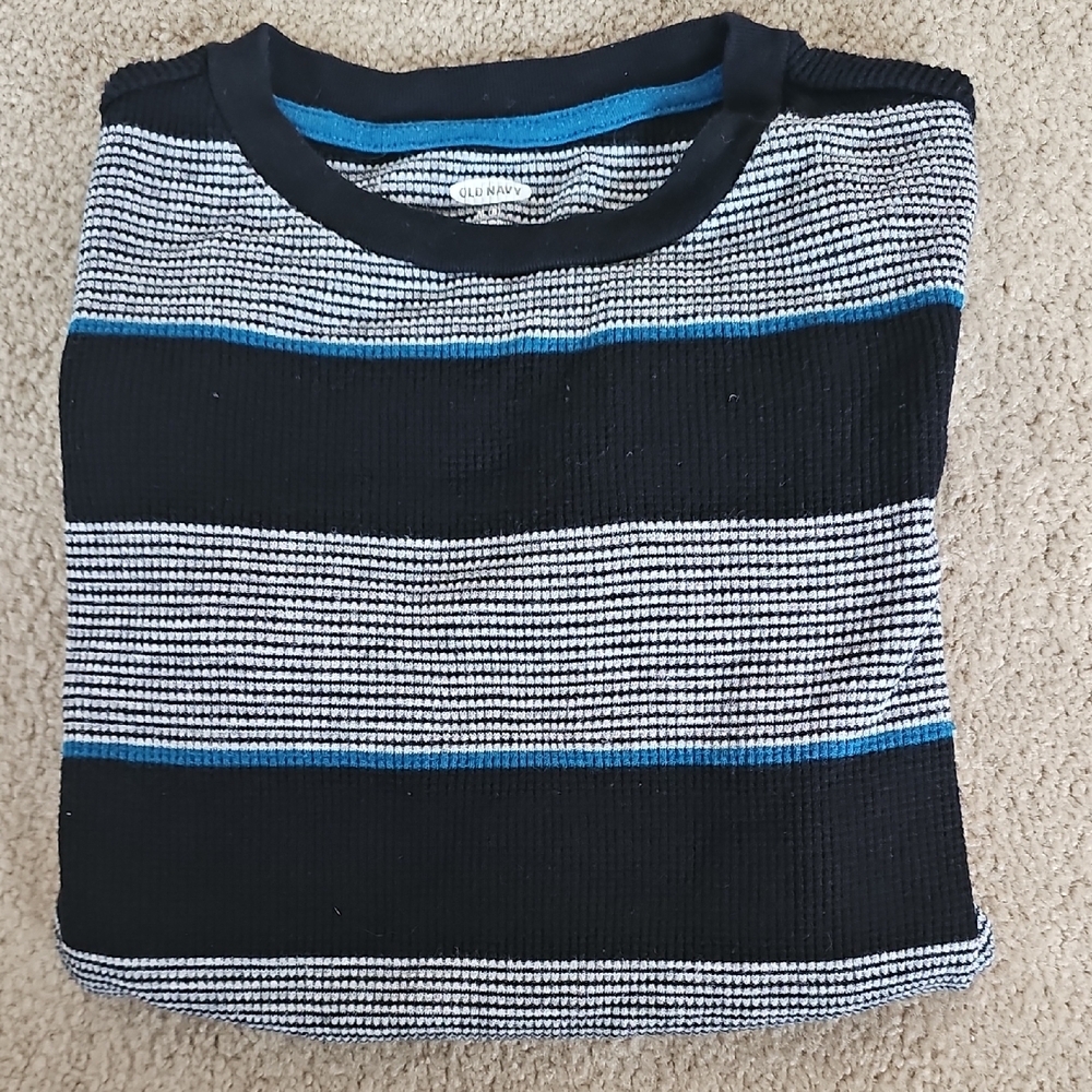 Old Navy Kids Long Sleeve Thermal Tee - Black, Blue, and White Stripes